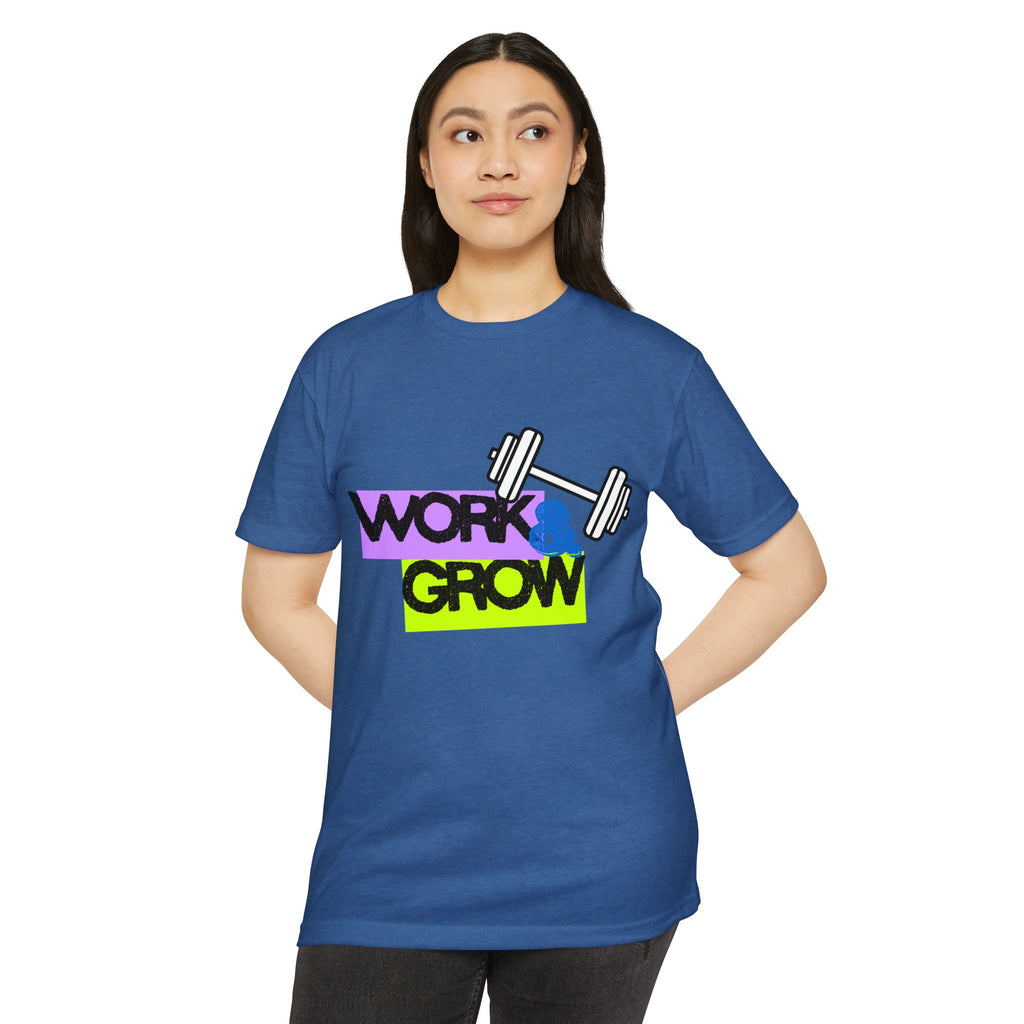 Work & Grow T-Shirt — Fitness Motivational Tee with Dumbbell Graphic