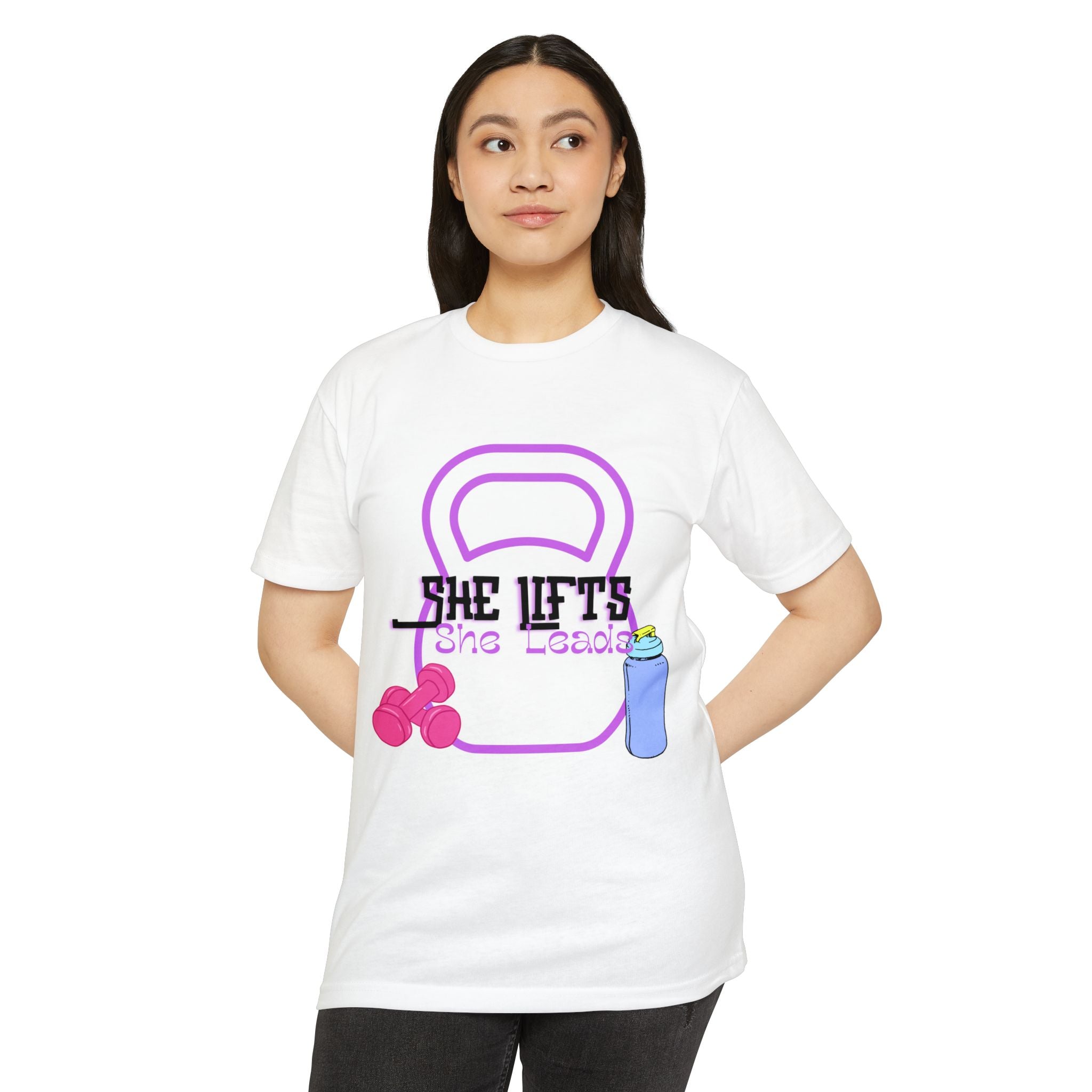 She Lifts, She Leads Women’s Gym T-Shirt — Kettlebell & Dumbbell Fitness Tee