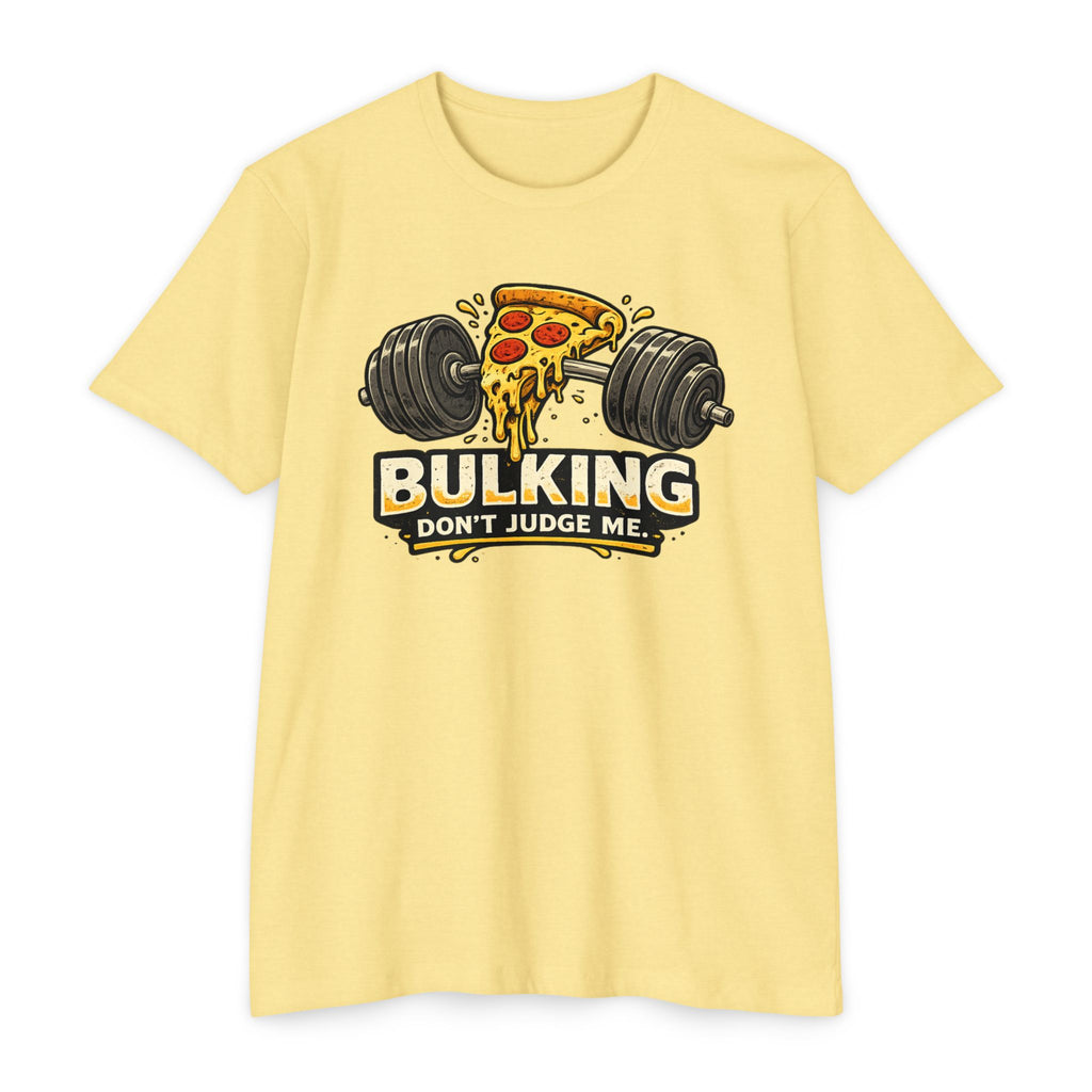 Bulking Don't Judge Me T-Shirt — Funny Pizza & Dumbbell Gym Tee