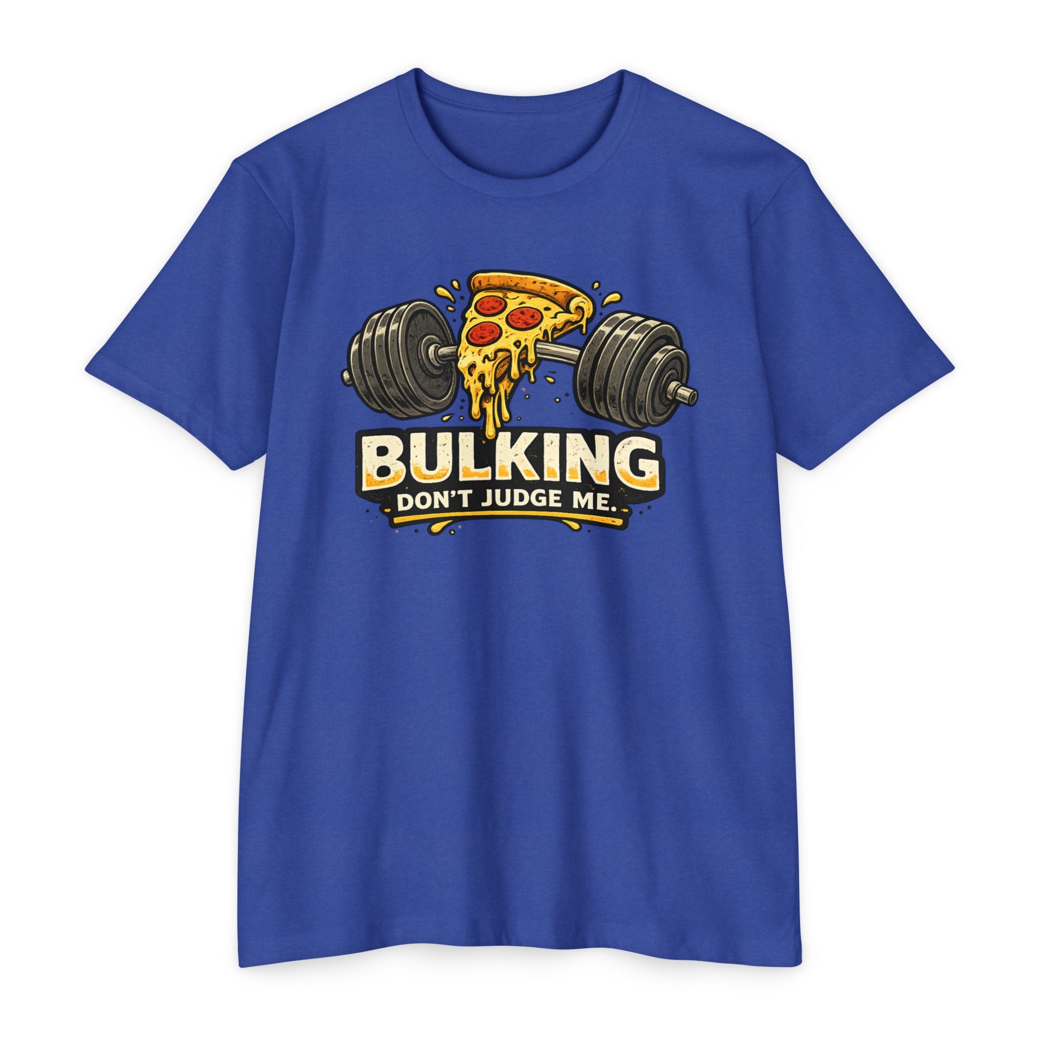 Bulking Don't Judge Me T-Shirt — Funny Pizza & Dumbbell Gym Tee