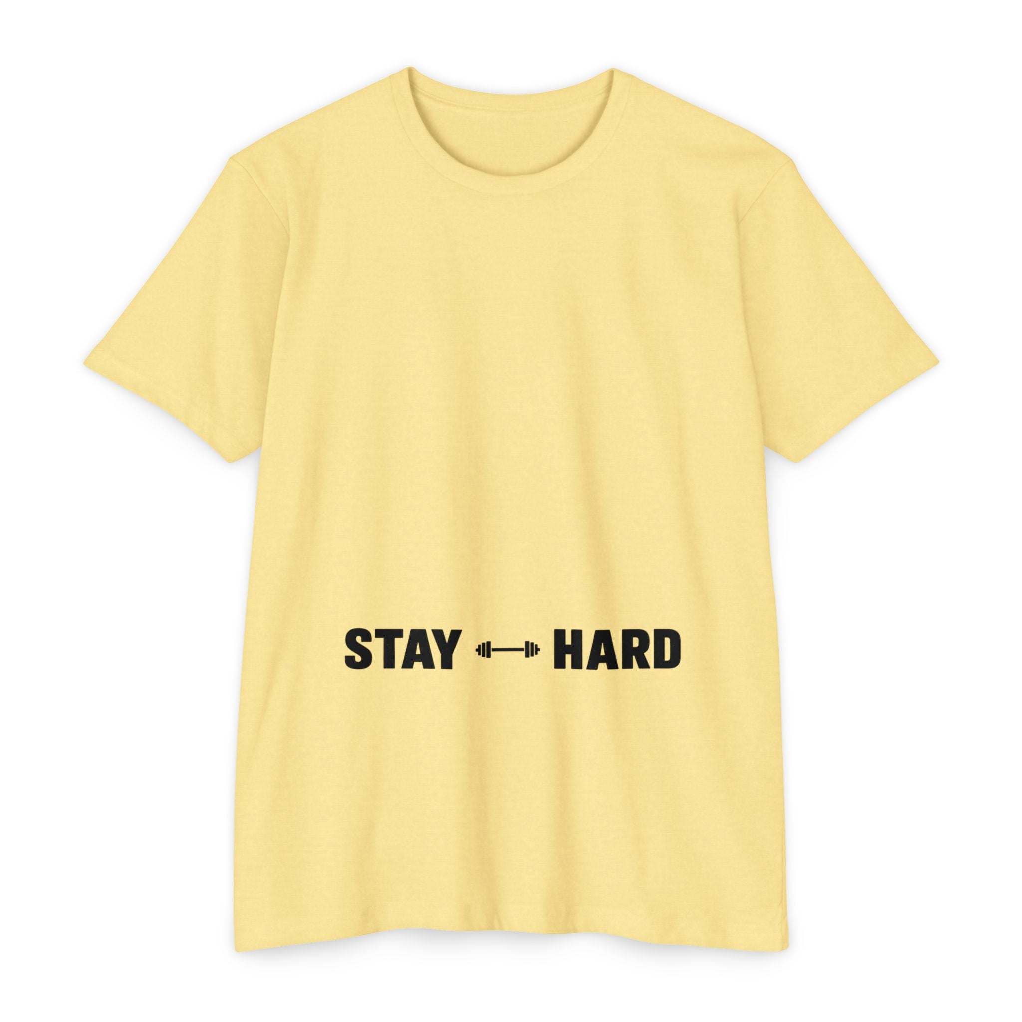 Stay Hard Workout T-Shirt — Motivational Gym Tee with Barbell Graphic