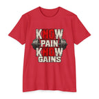 Know Pain Know Gains Gym T-Shirt — Motivational Weightlifting Tee