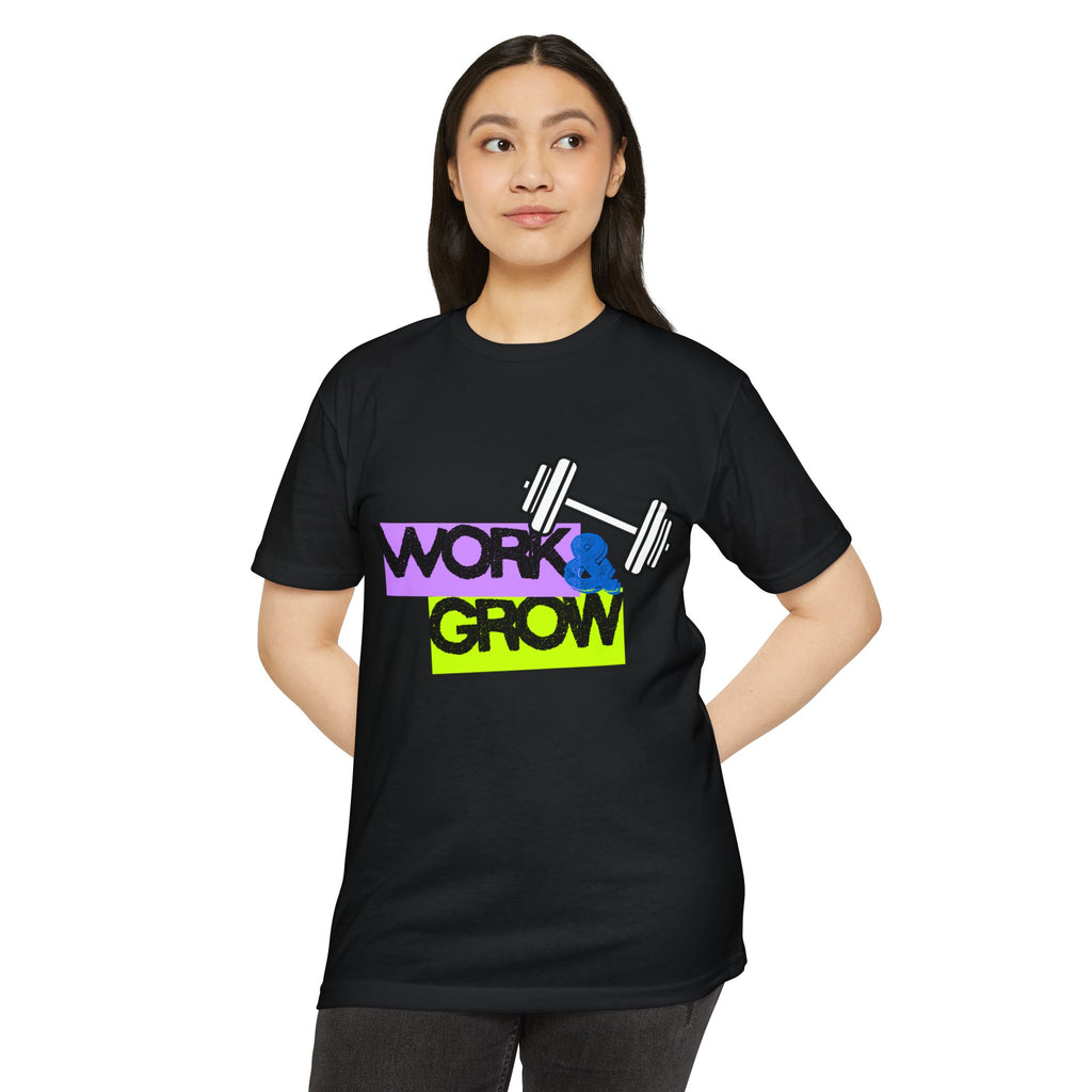 Work & Grow T-Shirt — Fitness Motivational Tee with Dumbbell Graphic