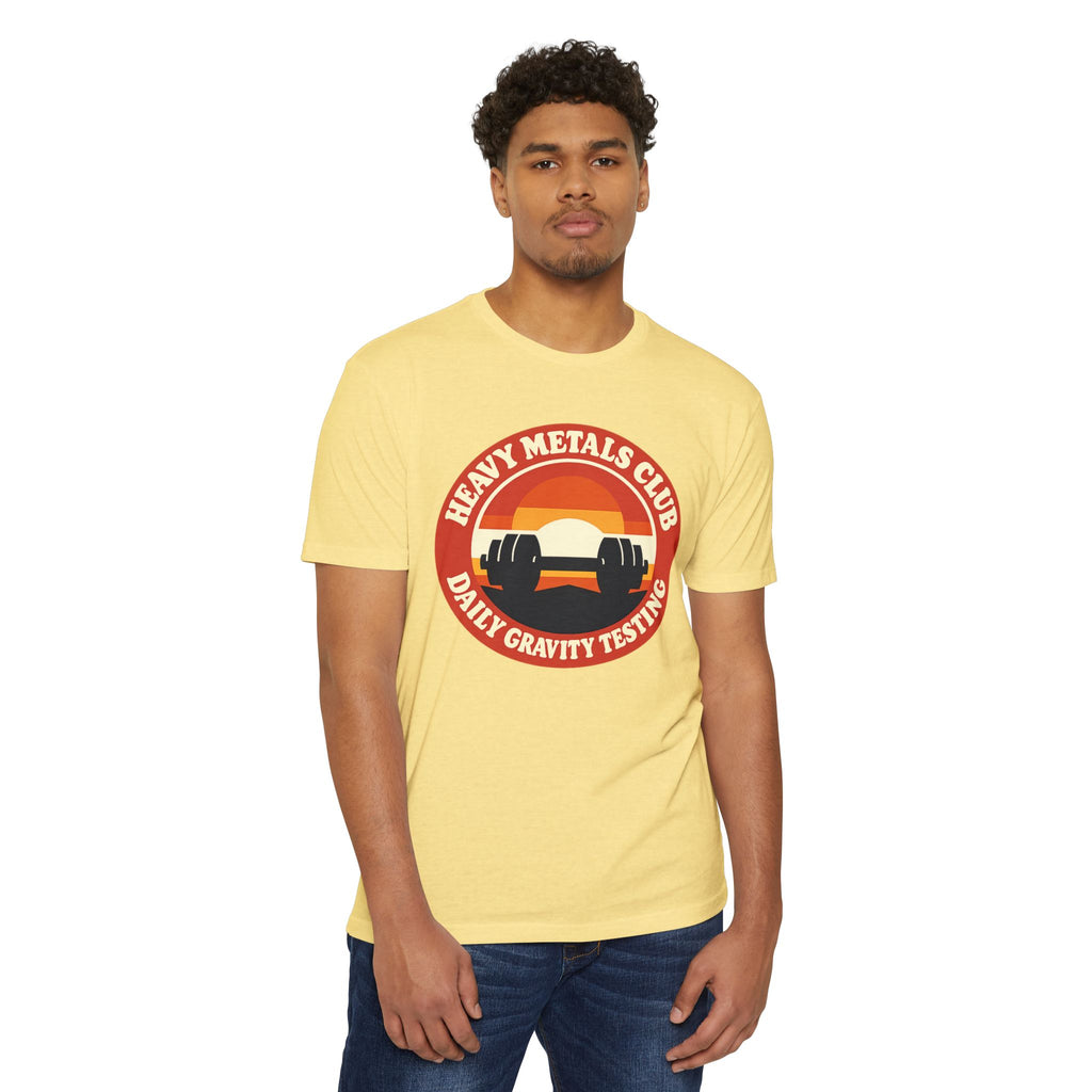 Heavy Metals Club T-Shirt — "Daily Gravity Testing" Weightlifting Tee