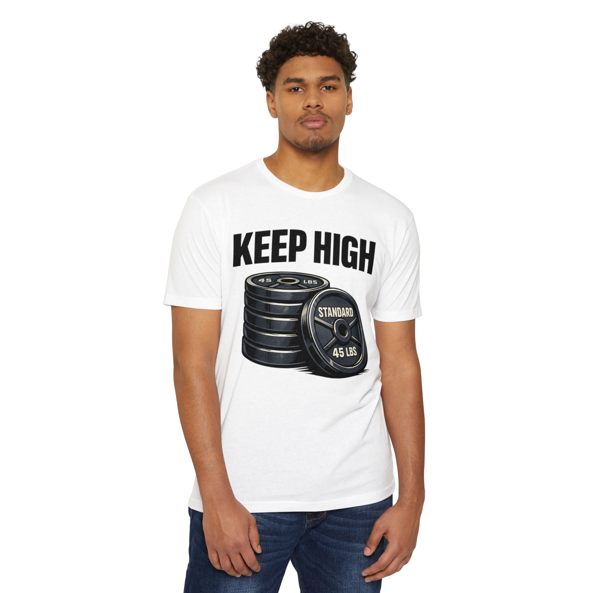 Keep High Standards _ Weightlifting T-Shirt — "Keep High" Barbell Plates Gym Tee