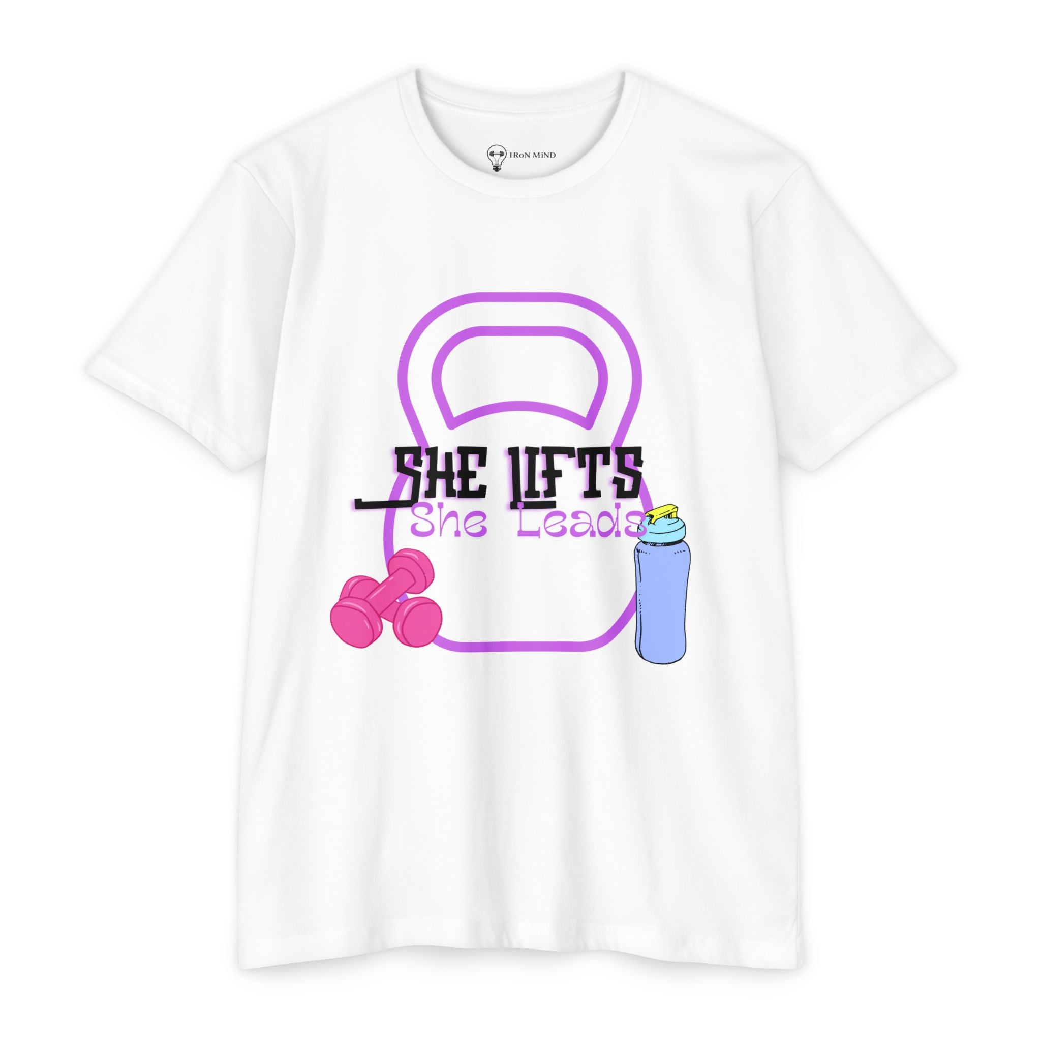 She Lifts, She Leads Women’s Gym T-Shirt — Kettlebell & Dumbbell Fitness Tee