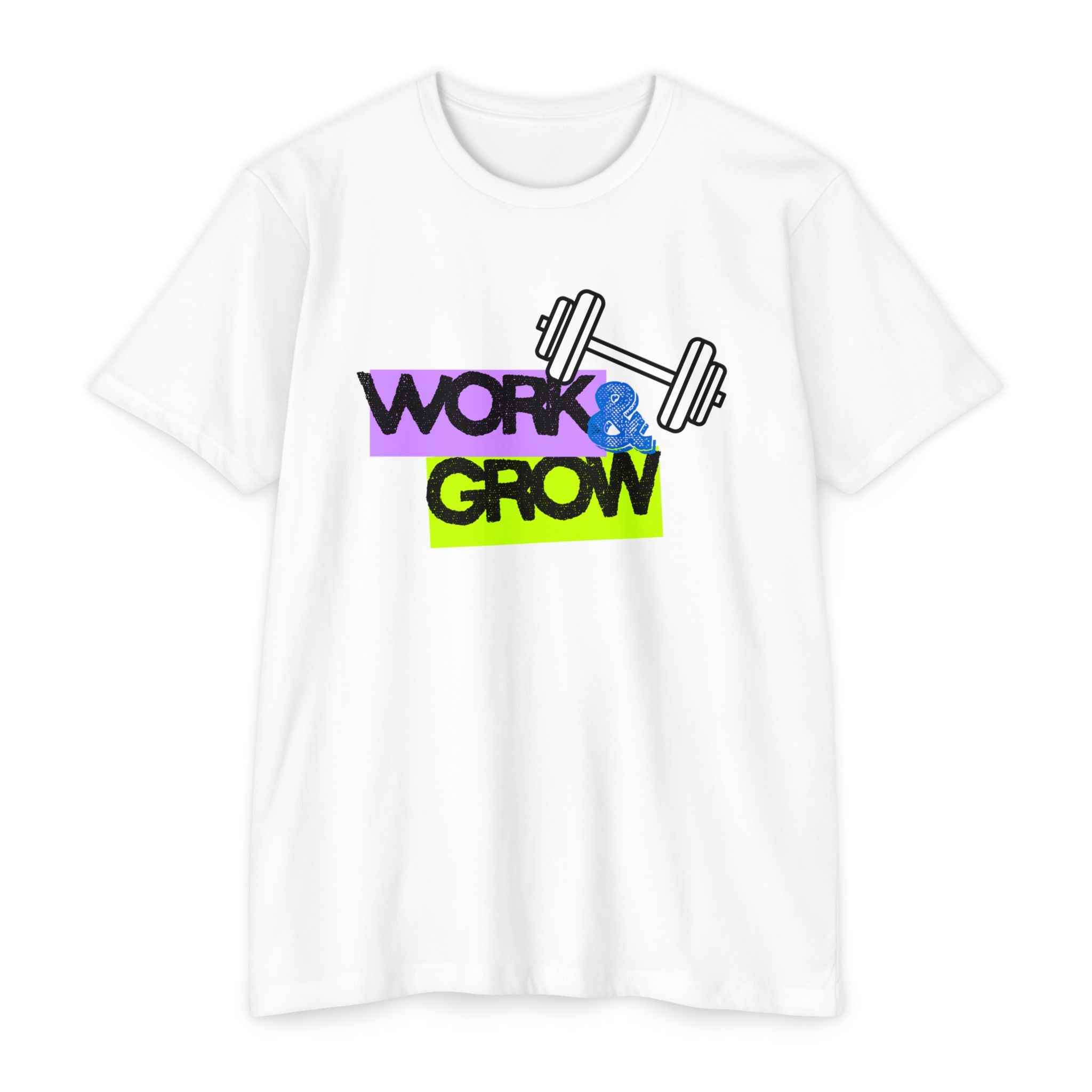 Work & Grow Gym T-Shirt — Motivational Fitness Tee with Dumbbell Graphic