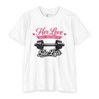 Her Love Hits Different _ She Lifts Barbell T-Shirt - "Her Love Hits Different" Gym Tee for Women