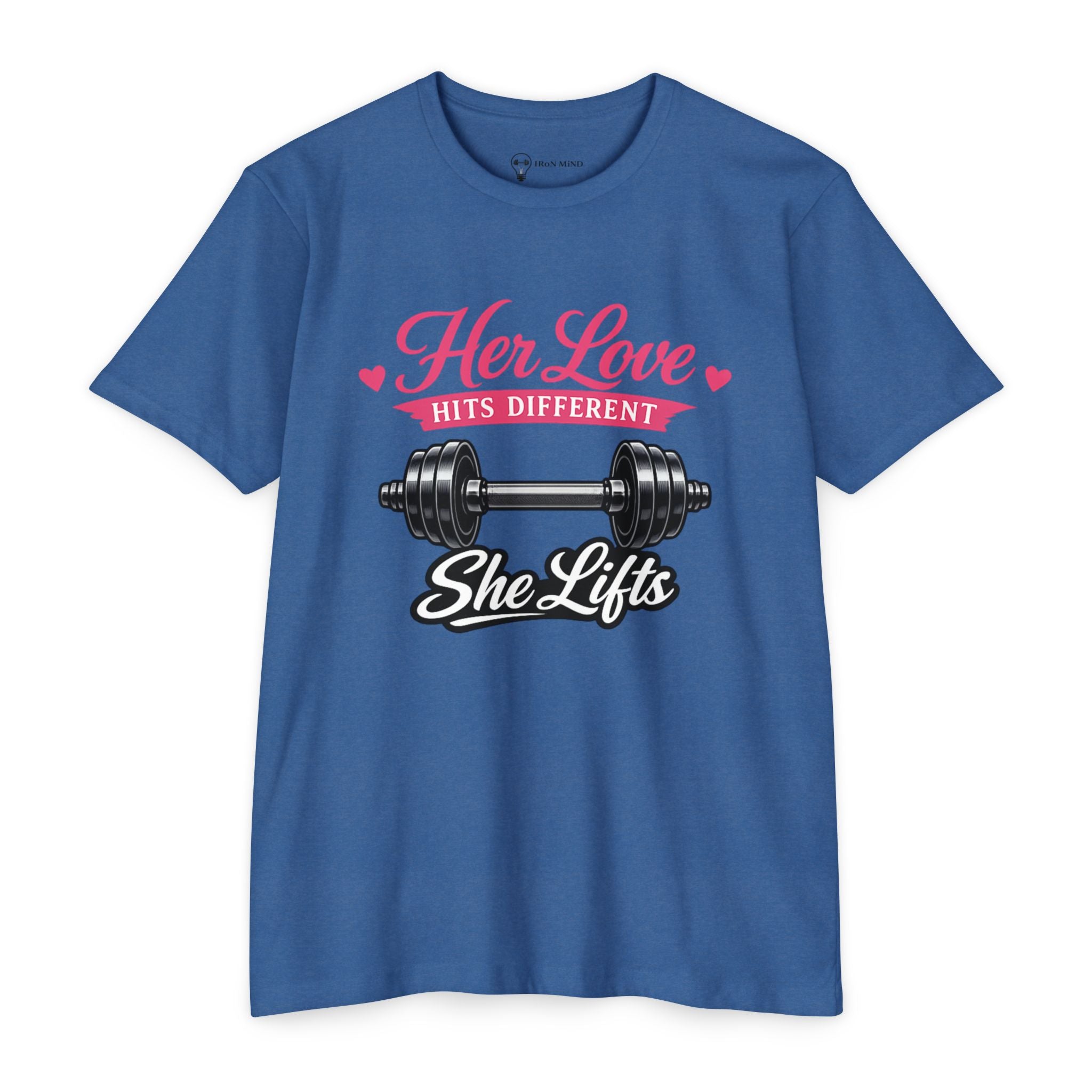 Her Love Hits Different _ She Lifts Barbell T-Shirt - "Her Love Hits Different" Gym Tee for Women