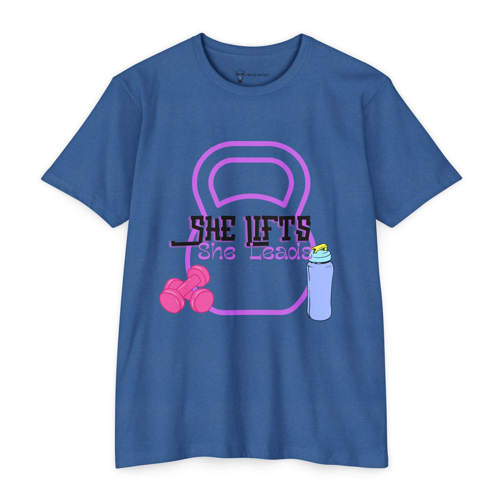 She Lifts, She Leads Women’s Gym T-Shirt — Kettlebell & Dumbbell Fitness Tee
