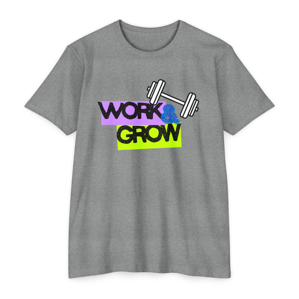 Work & Grow Gym T-Shirt — Motivational Fitness Tee with Dumbbell Graphic