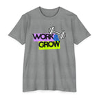 Work & Grow Gym T-Shirt — Motivational Fitness Tee with Dumbbell Graphic