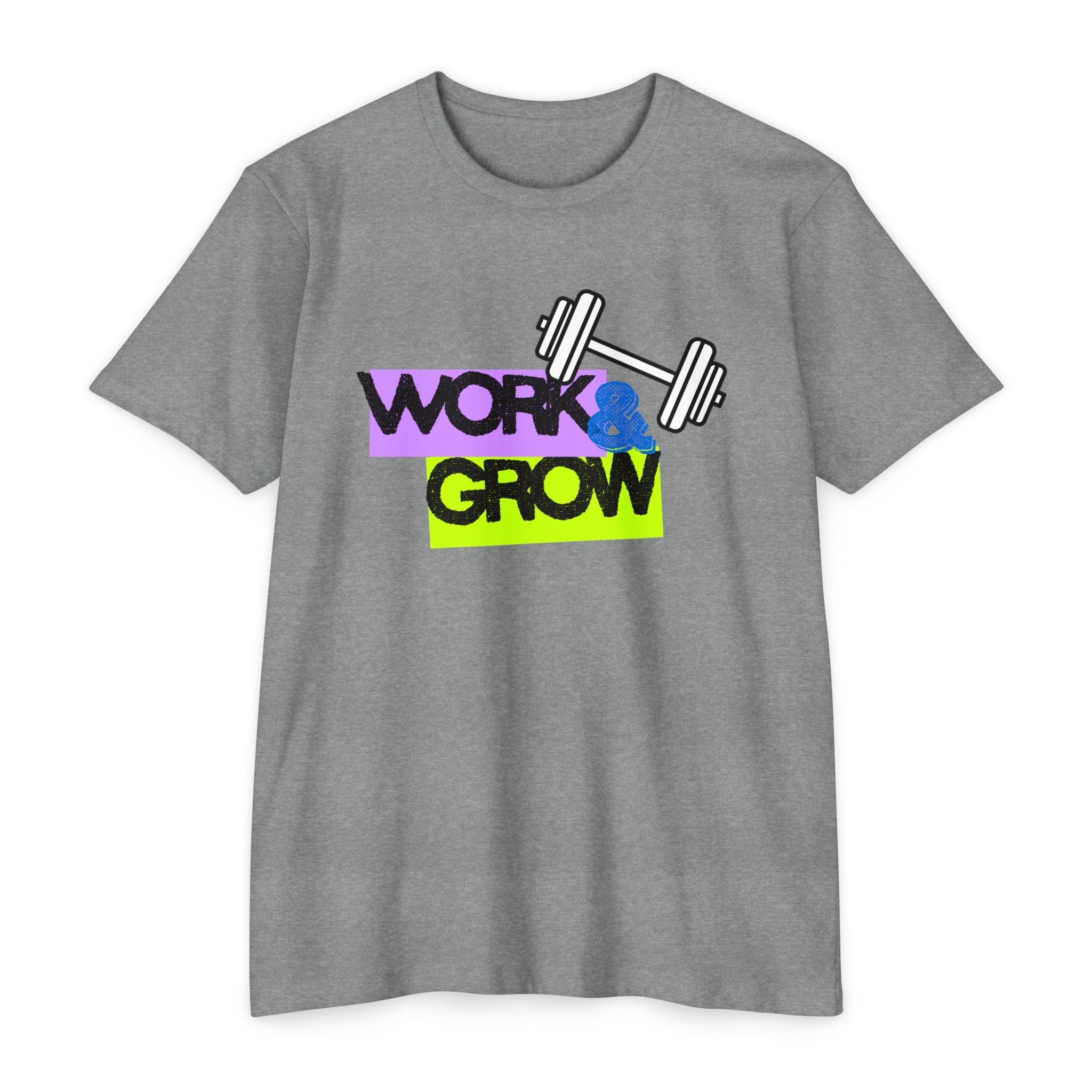 Work & Grow Gym T-Shirt — Motivational Fitness Tee with Dumbbell Graphic