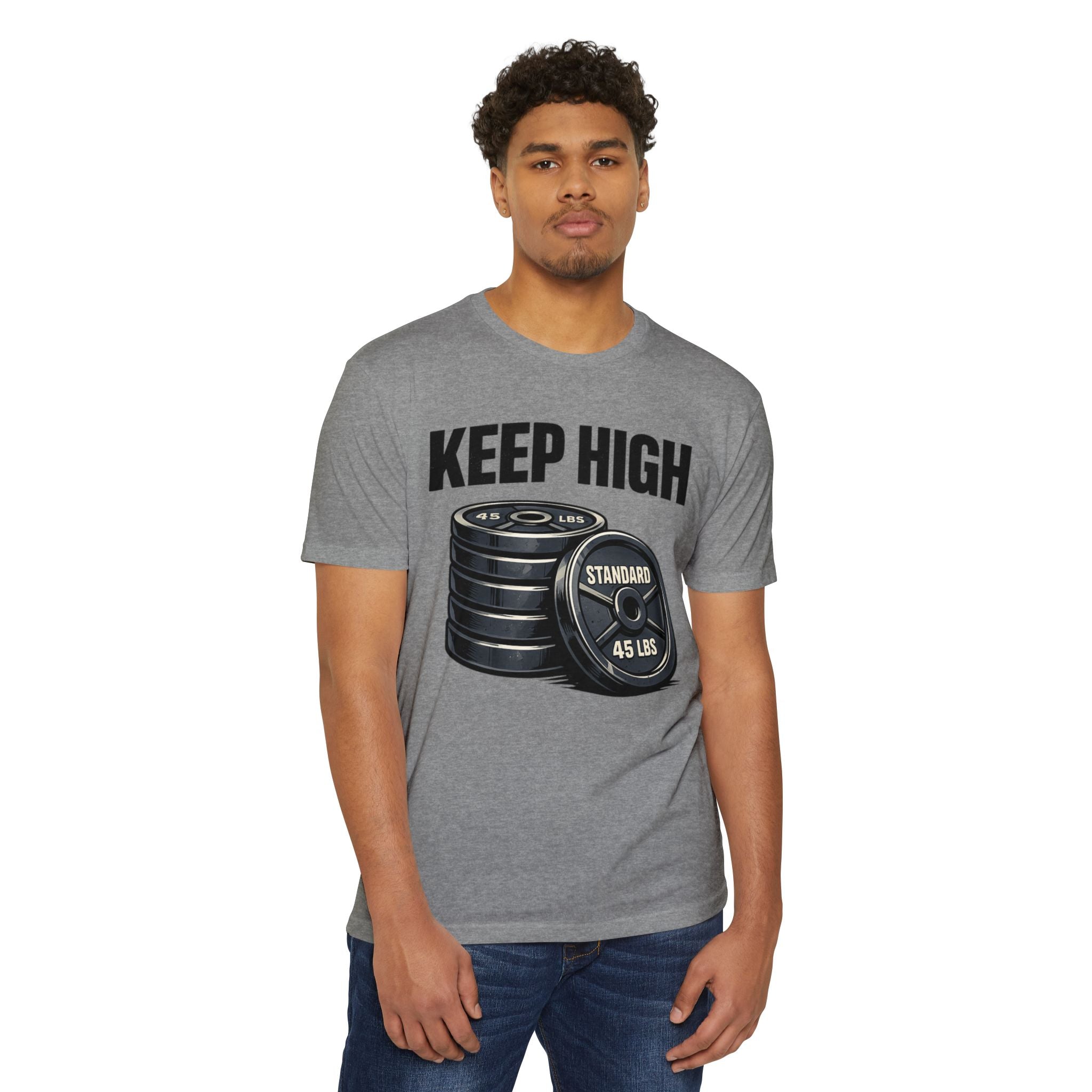 Keep High Standards _ Weightlifting T-Shirt — "Keep High" Barbell Plates Gym Tee