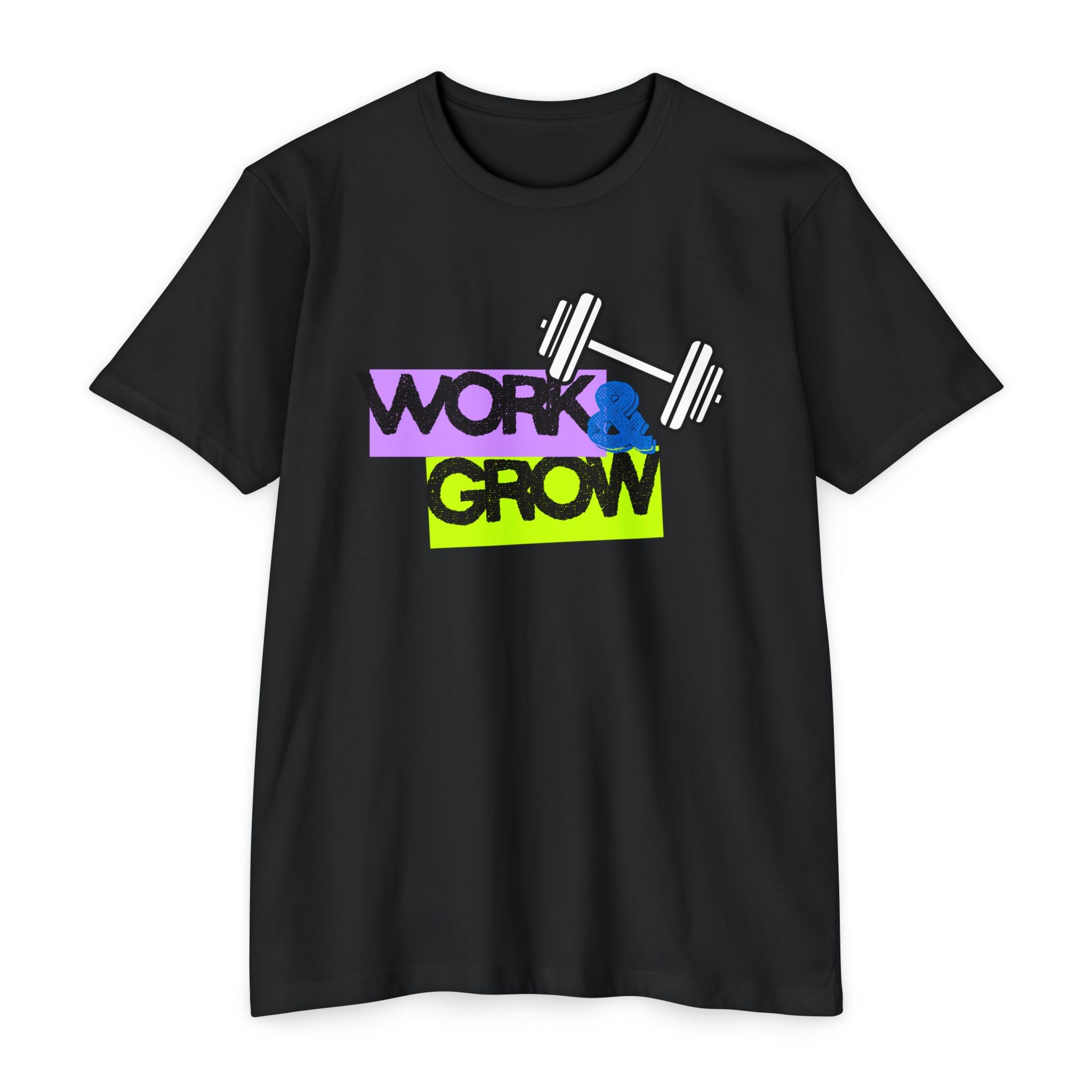 Work & Grow Gym T-Shirt — Motivational Fitness Tee with Dumbbell Graphic