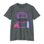She Lifts, She Leads Women’s Gym T-Shirt — Kettlebell & Dumbbell Fitness Tee