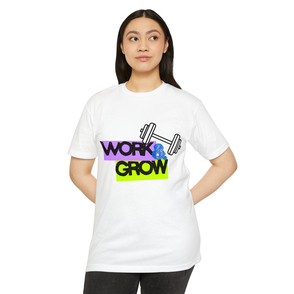 Work & Grow T-Shirt — Fitness Motivational Tee with Dumbbell Graphic