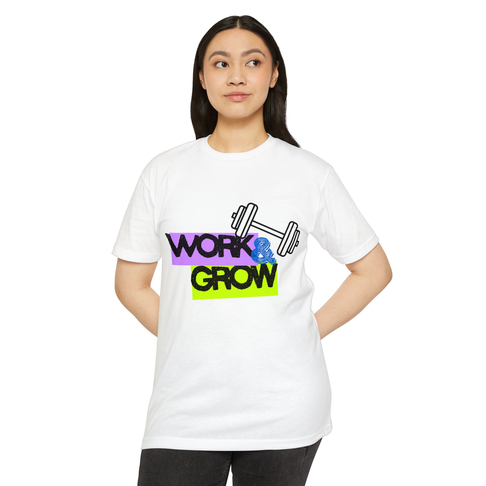 Work & Grow T-Shirt — Fitness Motivational Tee with Dumbbell Graphic