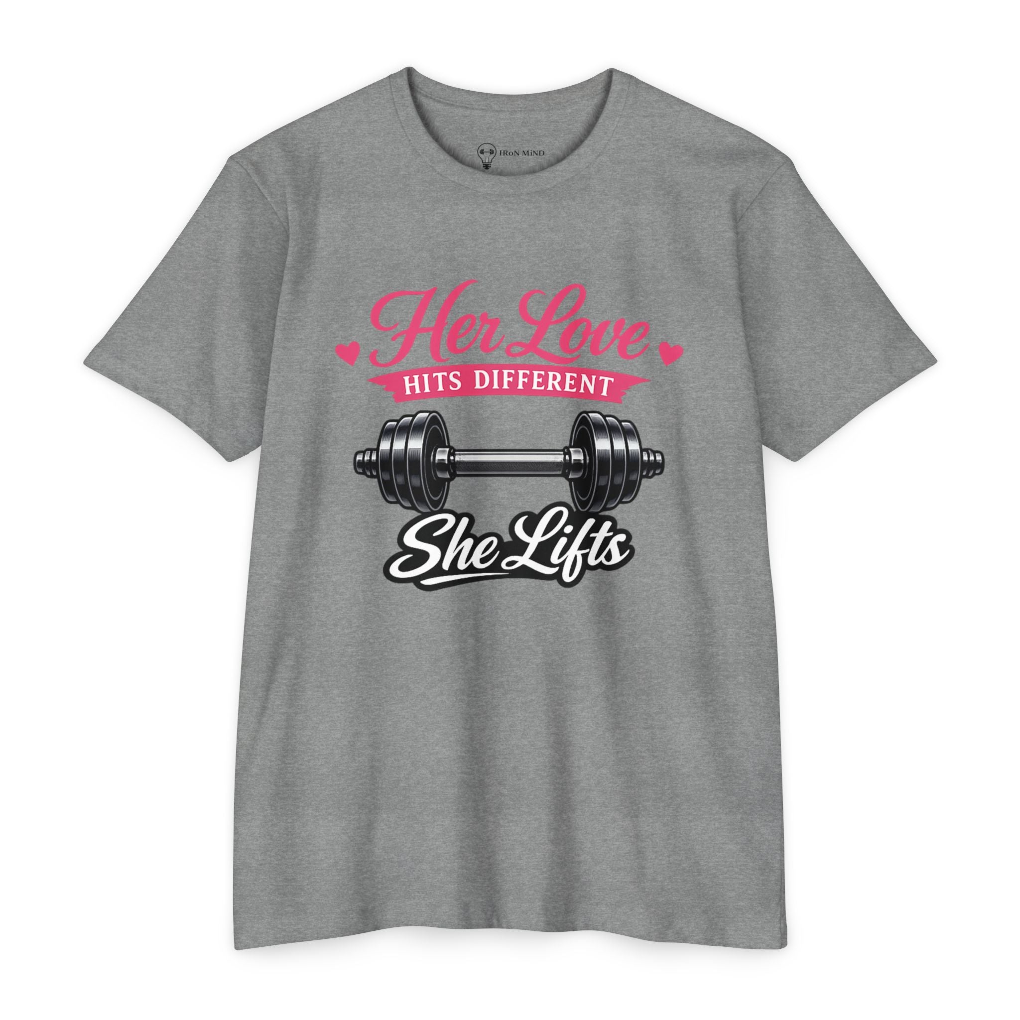 Her Love Hits Different _ She Lifts Barbell T-Shirt - "Her Love Hits Different" Gym Tee for Women