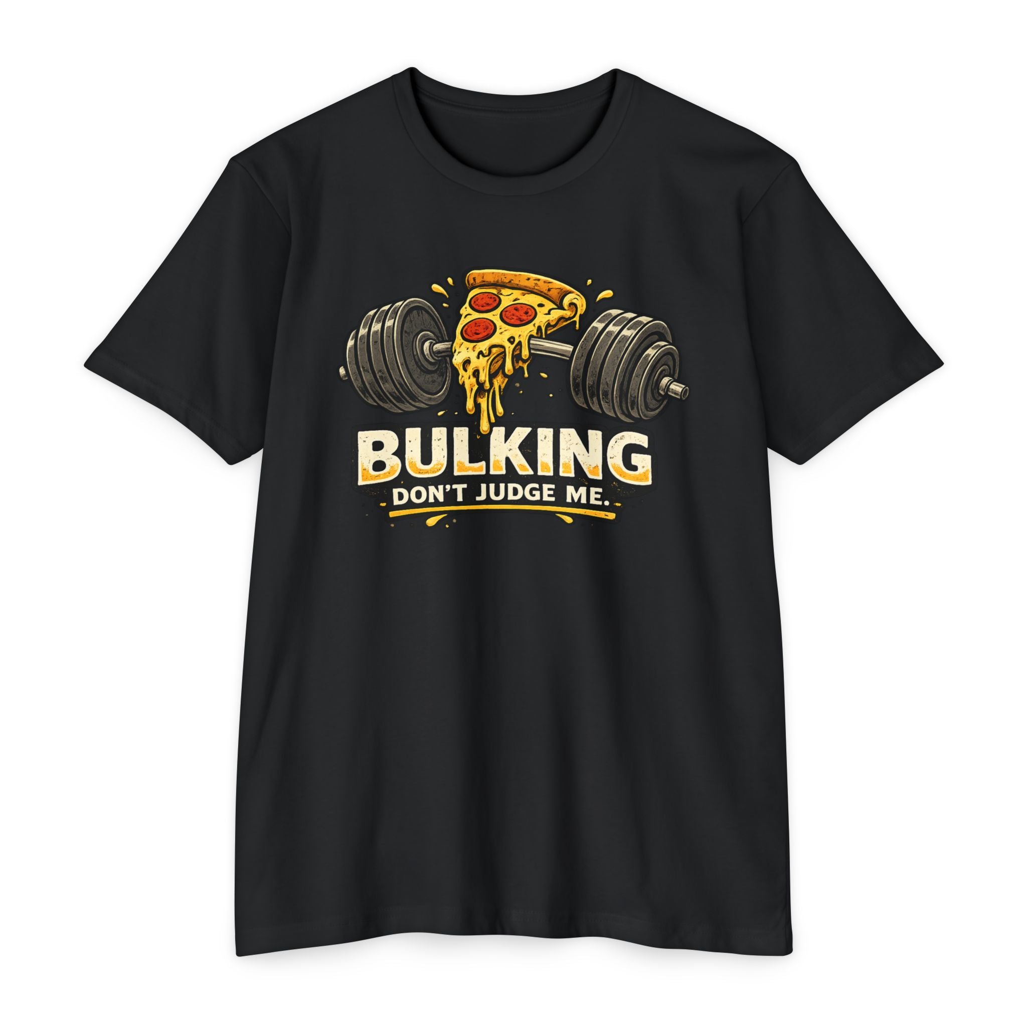 Bulking Don't Judge Me T-Shirt — Funny Pizza & Dumbbell Gym Tee