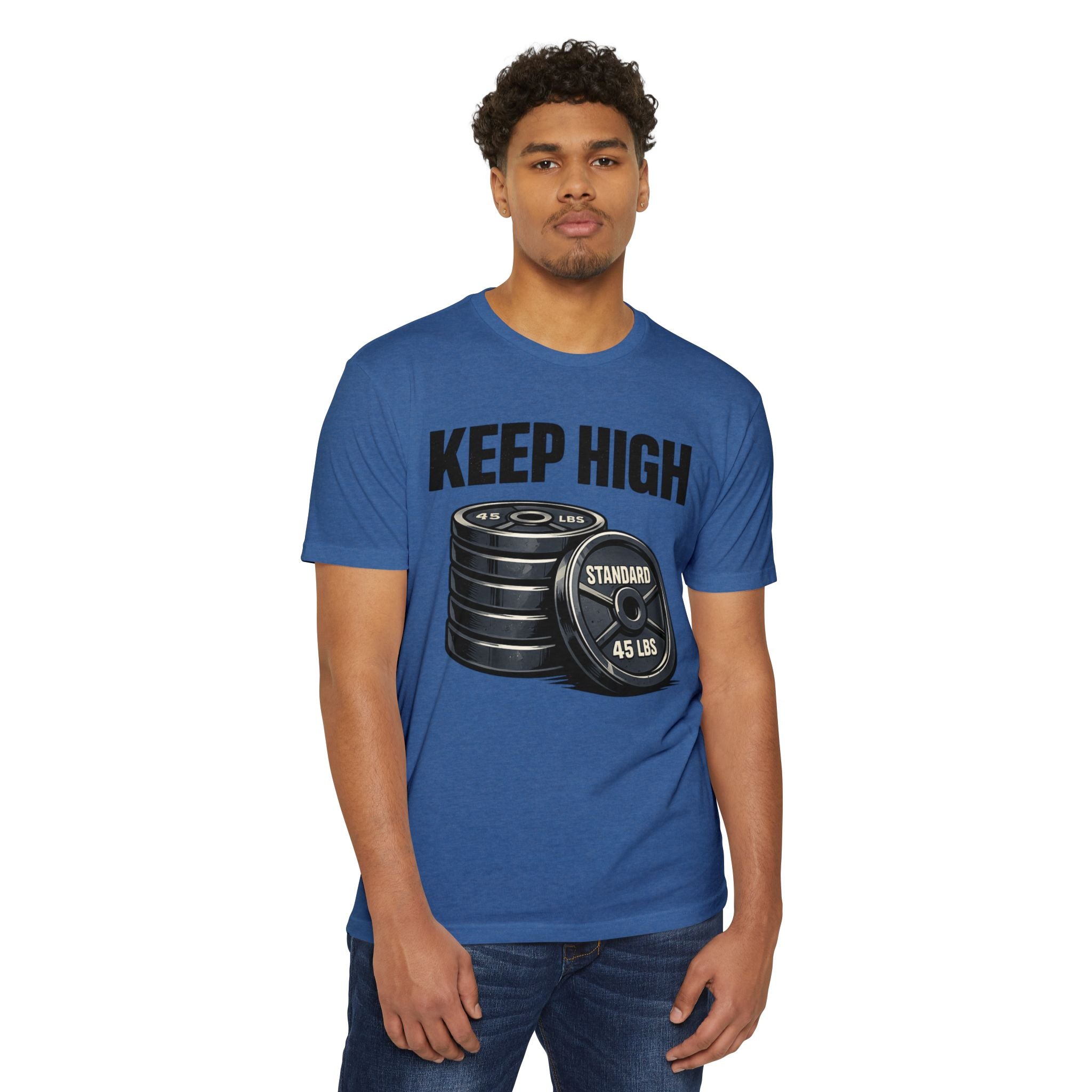 Keep High Standards _ Weightlifting T-Shirt — "Keep High" Barbell Plates Gym Tee