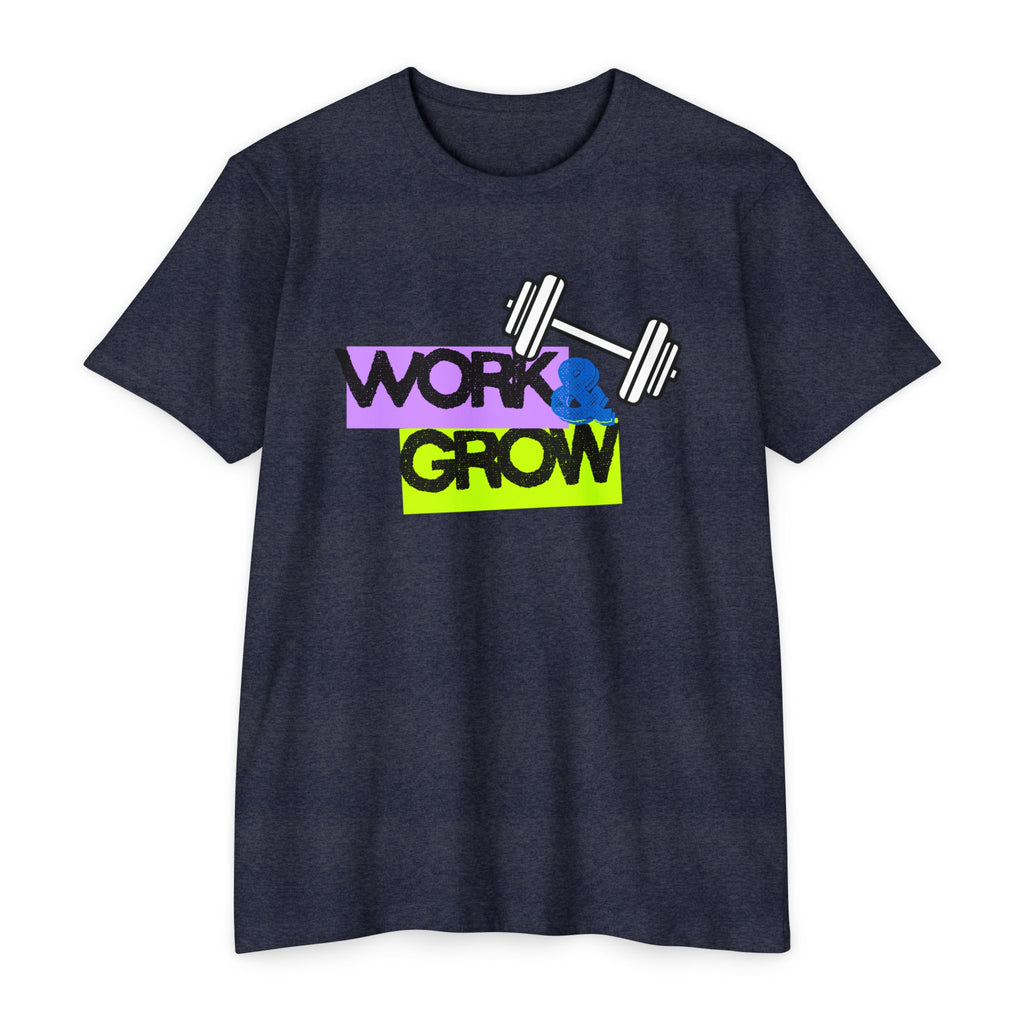 Work & Grow Gym T-Shirt — Motivational Fitness Tee with Dumbbell Graphic