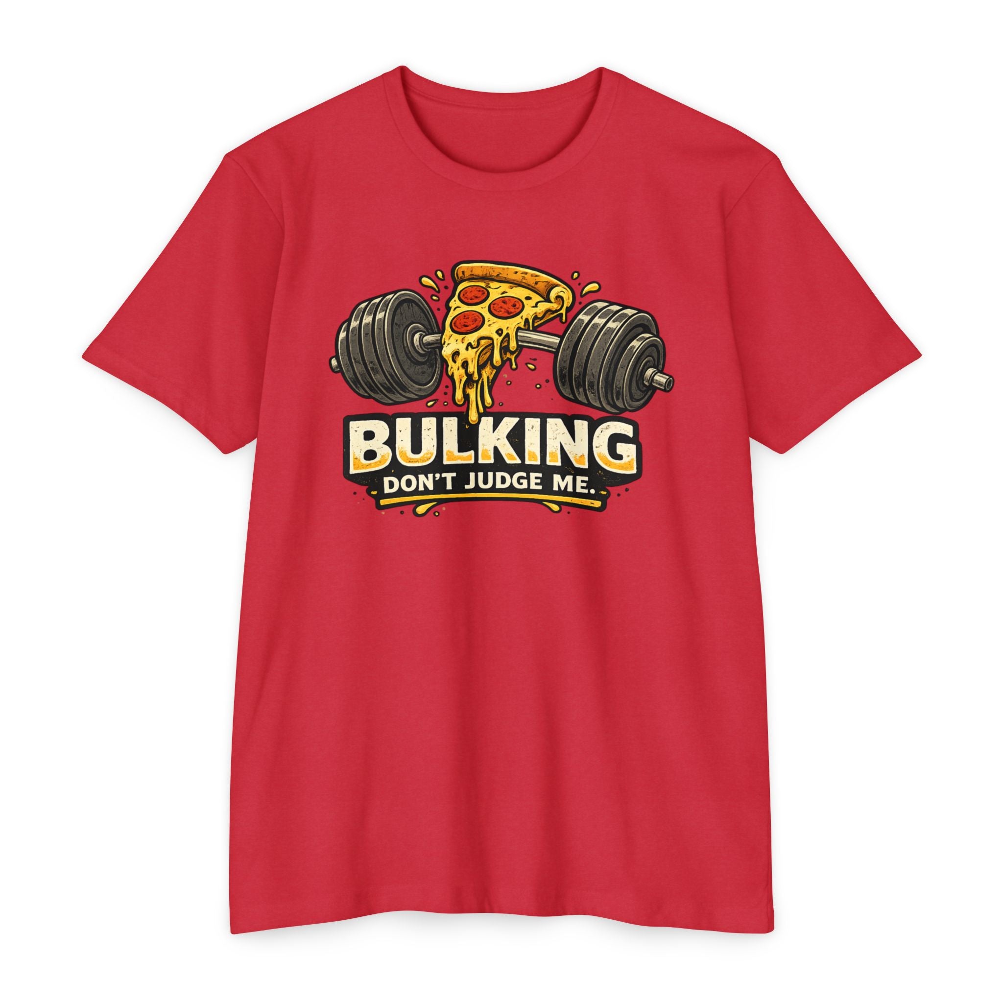 Bulking Don't Judge Me T-Shirt — Funny Pizza & Dumbbell Gym Tee